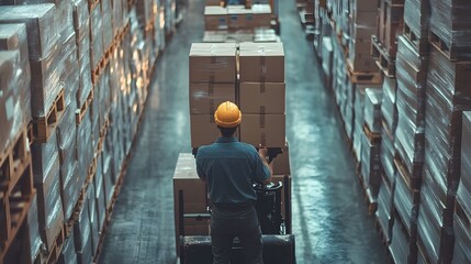 Poster - Efficient Workflow in Busy Warehouse Setting with Forklift Operator Skillfully Stacking Boxes for Streamlined Logistics and Distribution