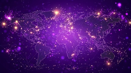 Abstract purple world map with glowing dots and lines, representing global connections.