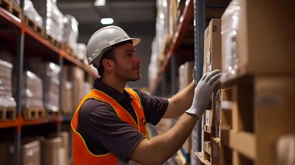 Poster - Warehouse Worker in Safety Vest and Helmet Inspecting and Reviewing Inventory on Shelves in a Distribution Center or Logistics Facility