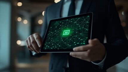 Businessman holding a tablet with an AI logo and network on the screen.