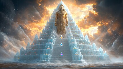 Wall Mural - A large, golden statue stands atop a towering ice pyramid, bathed in warm light against a stormy sky.