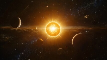 Wall Mural - A bright yellow sun shines in a dark space, with several planets orbiting it.