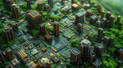 Poster - A digital cityscape on a circuit board, symbolizing smart cities and modern tech integration