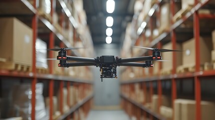 Poster - Autonomous drones effortlessly scanning shelves in a futuristic warehouse