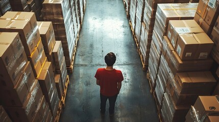 Poster - Organized Warehouse Worker Arranging Boxes in Systematic Inventory System   Efficient Storage and Logistics Management in Industrial Setting
