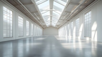 Poster - Bright and spacious warehouse interior with skylights providing ample natural light for a clean and efficient logistics environment  The open