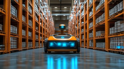 Poster - Futuristic automated smart warehouse facility with AI powered robotic systems for efficient inventory management product sorting
