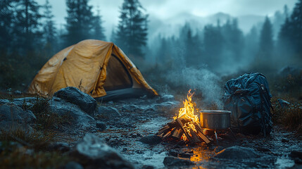 Poster - A yellow tent is pitched in a misty forest with a campfire burning and a pot on the fire. A backpack is next to the fire.