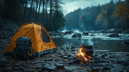 Canvas Print - A yellow tent, backpack, and campfire by a river in the woods.