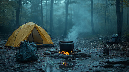 Canvas Print - A yellow tent, backpack, campfire, pot, folding chair, and a wet forest floor in a foggy forest.