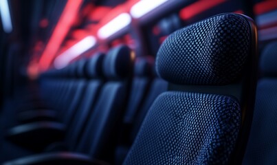 Poster - A close-up of the blue and gray seats in a modern public transportation vehicle. The seats are illuminated by red and white LED lights.