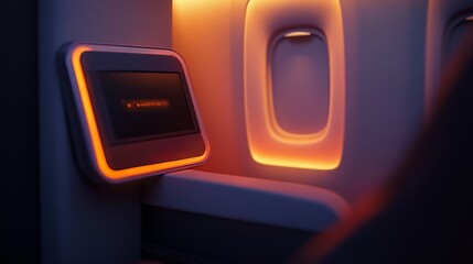 Poster - A close-up view of an airplane seat with a lit screen and an orange glow.