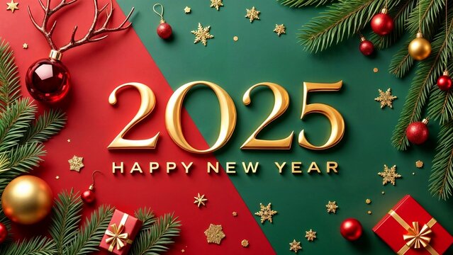 Festive New Year 2025 Celebration: A Joyful Blend of Red, Green, Gold, and Holiday Decorations