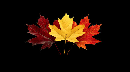 Wall Mural - three autumn maple leaves with various colors on a black background.