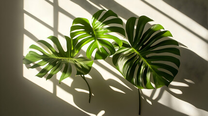 Wall Mural - Three green monstera leaves against a white wall with window light casting shadows.