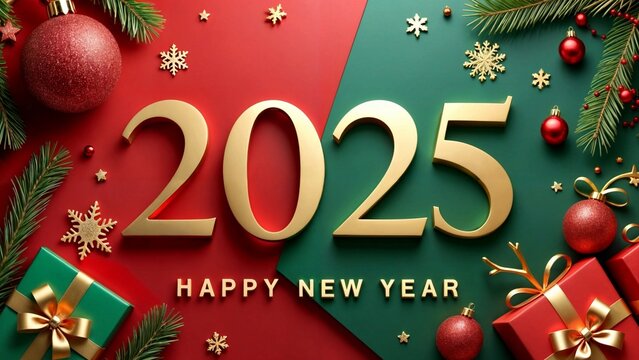Festive New Year 2025 Celebration: A Joyful Blend of Red, Green, Gold, and Holiday Decorations