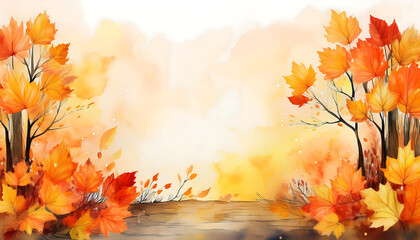 Aufkleber -  Watercolor autumn scene with golden and orange leaves in copy space for text or design, evo_1(763)