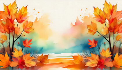 Aufkleber -  Watercolor autumn scene with golden and orange leaves in copy space for text or design, evo_1(762)