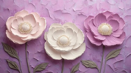 Wall Mural - lino cut of pastel purple background, water color peony flowers print clipart in light pink light purple and white, seamless pattern, cute, AI Generative