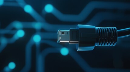 Poster - Close-up of a USB connector against a futuristic digital background showcasing circuit patterns and glowing nodes, symbolizing technology and connectivity in modern devices.