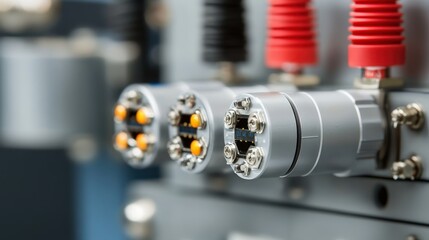 Poster - Close-Up of Industrial Connectors and Wiring on Machinery, Showcasing Electrical and Mechanical Components in a Modern Engineering Environment