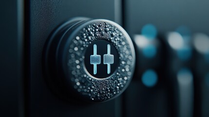 Poster - Close-Up of a Stylish Audio Mixer Control with Droplets on a Decorative Surface, Featuring Sleek Design and Modern Elements, Ideal for Music Production or Studio Settings