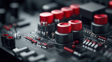 Poster - Close-Up View of Modern Electronic Circuit Board with Red and Black Components, Showcasing Intricate Design and Technological Innovation in Digital Systems