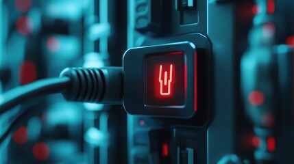 Poster - Close-Up of an Illuminated Connection Port on a Server Rack with Cables in a Data Center, Highlighting the Importance of Network Connectivity and Technology Infrastructure