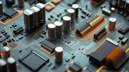 Poster - Close-up of a High-Tech Circuit Board with Various Electronic Components including Capacitors, Resistors, and Microchips in a Modern Design