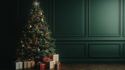 Poster - A large Christmas tree is surrounded by several boxes of gifts