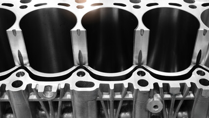 Aufkleber - cylinder block of diesel engine repair close-up.  cylinder block in blue tone.  Car engine cylinder heads. Industry car service concept