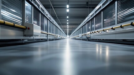 Aufkleber - a long, empty corridor in a modern industrial building with rows of metal cages on either side, lead