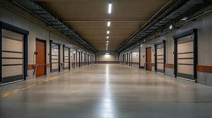 Aufkleber - A long, empty corridor with multiple large industrial doors leading to various storage units.
