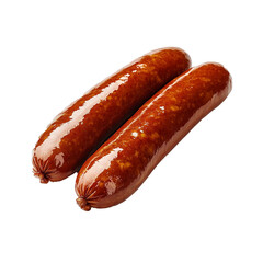 Poster - Two glossy sausages isolated on white background, showcasing their rich color and texture. Perfect for culinary presentations or food related projects
