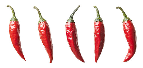 Poster - Five vibrant red Serrano peppers are isolated on white background, showcasing their glossy texture and fresh appearance. Perfect for adding spice to culinary dishes