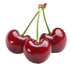 Poster - Three fresh cherries with water droplets on white background, showcasing their vibrant red color and glossy texture