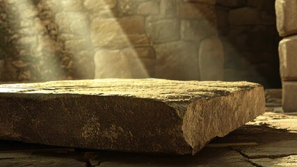 Wall Mural - a large, rectangular stone sits in a stone room, bathed in warm light streaming through a window