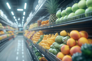 Aisle of colorful fruits in a modern supermarket.