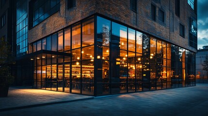 Poster - A modern, brick building with large windows showcasing a warmly lit restaurant interior at dusk.