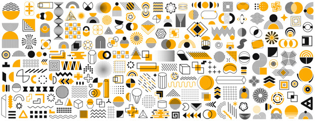 Poster - Set of geometric shapes icons. Memphis design retro elements. Retro funky graphic, 90s trends designs and vintage print element collection. Collection trendy minimal halftone geometric shapes