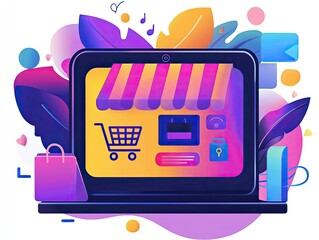 Poster - Neon shopping cart digital interface glowing lines on white background