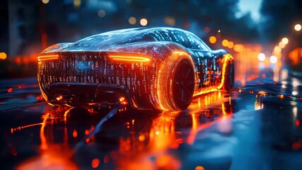 Poster - A futuristic electric car glowing with digital patterns, plugged in, symbolizing advanced technology and electric power