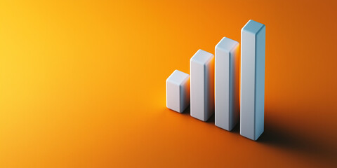 Poster - minimalist icon of bar chart with ascending bars on vibrant orange background, symbolizing growth and progress