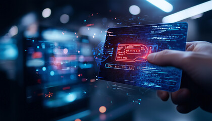 Poster - hand holds futuristic smart wallet with transparent digital interface, displaying glowing data and holographic elements in high tech environment