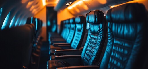 Poster - A row of empty black leather airplane seats lit with blue light.