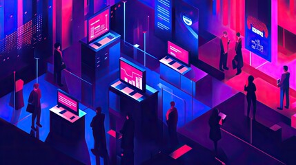 Poster - Neon-Lit Cityscape with Silhouettes of People Surrounded by Screens and Monitors
