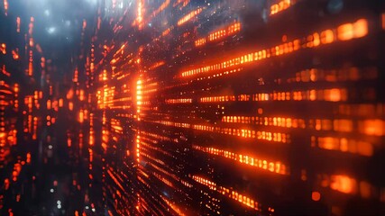 Poster - Abstract view of a wall displaying glowing orange binary code. A futuristic digital scene illustrating data, cybersecurity, and technological concepts