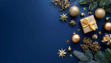 Aufkleber -  Navy blue and gold Christmas background features flat lay composition with space for text a_1(596)