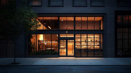 Poster - A storefront with large glass windows and a wooden door, illuminated at night. The interior is visible through the windows, revealing shelves, plants, and a bar area.