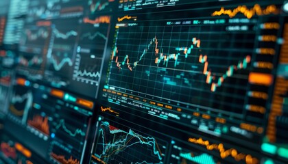 Leinwandbilder - A dynamic display of stock market graphs and data visualizations, showcasing trends and analytics in a futuristic digital interface.